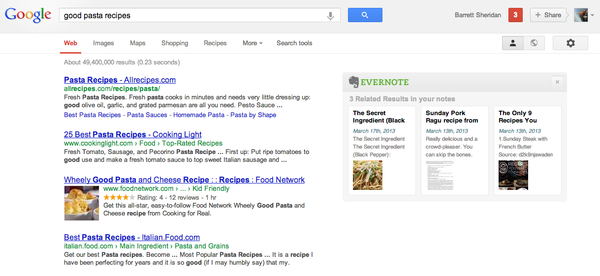Google search with Evernote's related results